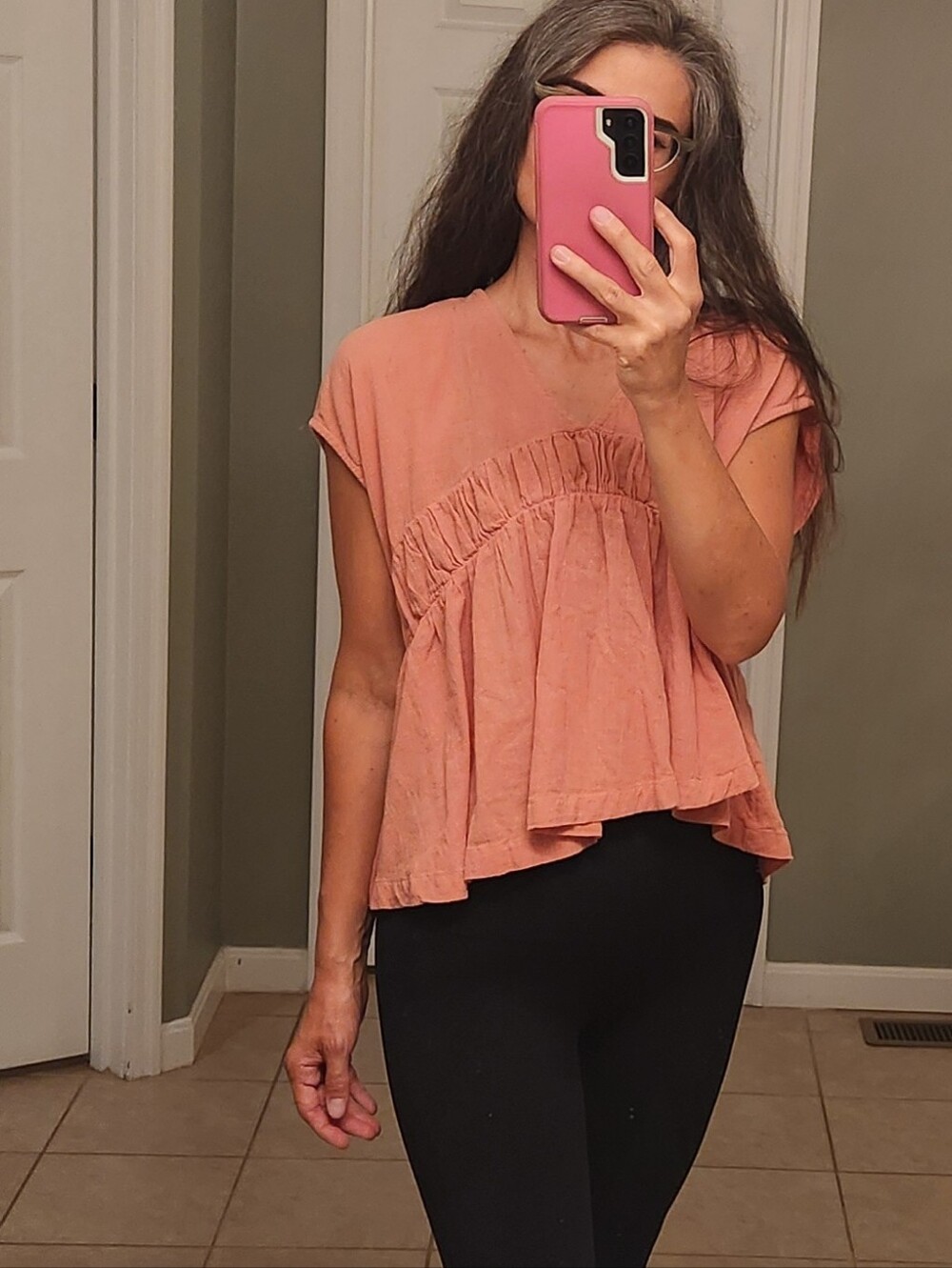 Free People Size L Pink Swing Top 100% Cotton Ruffled Short-Sleeve